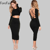 ForeFair Two Piece Set Backless Bandage Autumn Winter Dress Long Sleeve Midi Sexy Bodycon Party Dresses Women