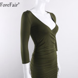 ForeFair Sexy V-neck 3/4 Sleeve Ruched Autumn Dress Black Army Green Long Bodycon Dress Women