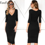 ForeFair Sexy V-neck 3/4 Sleeve Ruched Autumn Dress Black Army Green Long Bodycon Dress Women
