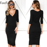 ForeFair Sexy V-neck 3/4 Sleeve Ruched Autumn Dress Black Army Green Long Bodycon Dress Women