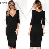 ForeFair Sexy V-neck 3/4 Sleeve Ruched Autumn Dress Black Army Green Long Bodycon Dress Women