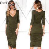 ForeFair Sexy V-neck 3/4 Sleeve Ruched Autumn Dress Black Army Green Long Bodycon Dress Women