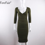 ForeFair Sexy V-neck 3/4 Sleeve Ruched Autumn Dress Black Army Green Long Bodycon Dress Women