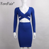 ForeFair Long Sleeve Bandage Bodycon Midi Dress Club Wear Elastic Cotton Elegant Sexy Pencil Party Dresses Blue Black White