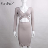 ForeFair Long Sleeve Bandage Bodycon Midi Dress Club Wear Elastic Cotton Elegant Sexy Pencil Party Dresses Blue Black White