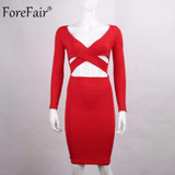 ForeFair Long Sleeve Bandage Bodycon Midi Dress Club Wear Elastic Cotton Elegant Sexy Pencil Party Dresses Blue Black White