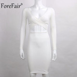 ForeFair Long Sleeve Bandage Bodycon Midi Dress Club Wear Elastic Cotton Elegant Sexy Pencil Party Dresses Blue Black White