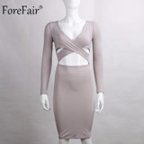 ForeFair Long Sleeve Bandage Bodycon Midi Dress Club Wear Elastic Cotton Elegant Sexy Pencil Party Dresses Blue Black White