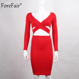 ForeFair Long Sleeve Bandage Bodycon Midi Dress Club Wear Elastic Cotton Elegant Sexy Pencil Party Dresses Blue Black White