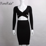 ForeFair Long Sleeve Bandage Bodycon Midi Dress Club Wear Elastic Cotton Elegant Sexy Pencil Party Dresses Blue Black White