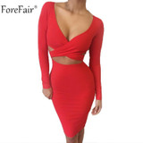 ForeFair Long Sleeve Bandage Bodycon Midi Dress Club Wear Elastic Cotton Elegant Sexy Pencil Party Dresses Blue Black White