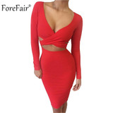 ForeFair Blue Black White Long Sleeve Elastic Cotton Winter Elegant Party Dresses Sexy Midi Pencil Club Bandage Bodycon Dress