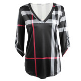 ForeFair 2016 early autumn 3/4 sleeve plaid women blouses sexy v-neck curved hem long casual shirt plus size women clothing