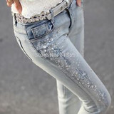 2016 Spring New Female Hole Jeans Beading Rhinestones Slim Feet Pencil Pants Jeans Women