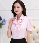 2016 Spring long-sleeve female shir slim solid color puff sleeve Ruffles work wear women blouses Casual plus size chiffon tops