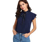 Navy Blue Bow Tied Button Back Blouse