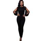2016 Sexy New Arrivals Rompers Fashion Casual Wear  Fashion Sexy women jumpsuit Lantern Sleeve Cuffs Long Mesh Sleeves Jumpsuit