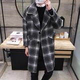 2016 sale autumn and winter new Korean men plaid wool coat lapel long section of loose fashionable windbreaker jacket youth tide