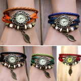 2016 Relogio Feminino Womens Bracelet Watch Weave Wrap Leather Leaf Beads Quartz Wristwatch Watches Clock Relojes Mujer