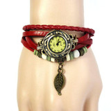 2016 Relogio Feminino Womens Bracelet Watch Weave Wrap Leather Leaf Beads Quartz Wristwatch Watches Clock Relojes Mujer