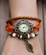 2016 Relogio Feminino Womens Bracelet Watch Weave Wrap Leather Leaf Beads Quartz Wristwatch Watches Clock Relojes Mujer