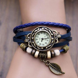 2016 Relogio Feminino Womens Bracelet Watch Weave Wrap Leather Leaf Beads Quartz Wristwatch Watches Clock Relojes Mujer