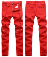 2016 Red White Black Ripped Denim Pant Knee Hole Zipper Biker Jeans Men Slim Skinny Destroyed Torn Jean Pants Hip-Hop swag