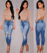 2016 New Hot Fashion Ladies Cotton Denim Pants Stretch Womens Bleach Ripped Knee Skinny Jeans Denim Jeans For Female