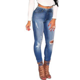 2016 New Hot Fashion Ladies Cotton Denim Pants Stretch Womens Bleach Ripped Knee Skinny Jeans Denim Jeans For Female