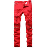 2016 New Fashion Men Ripped Designer Jeans Pants Slim Fit Knee Zipper Jeans Men Club Wear Bright Color Denim Jogger Q1159