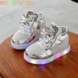 2016 New fashion LED lighting children Sport shoes Rhinestone KT Cats girls sneakers Cartoon baby kids boots size 21~30