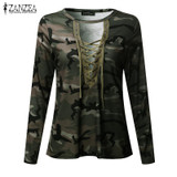 Camouflage Print Blouses 2018 ZANZEA Women Shirts Long Sleeve Sexy Hollow Out Lace Up V Neck Casual Blusas Tops Oversized
