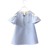2017 Blue Stripe Summer Children Kids Baby Girls Dress Cotton Casual Short Sleeve Striped Off Shoulder Blouses For Girls BM88