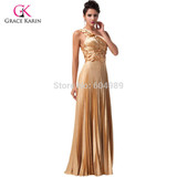 2017 Beautiful Luxury Gold Evening Dress Grace Karin Satin long Party Dresses new Formal Gowns vestido de festa longo 6033