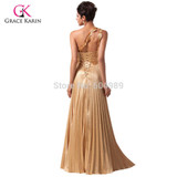 2017 Beautiful Luxury Gold Evening Dress Grace Karin Satin long Party Dresses new Formal Gowns vestido de festa longo 6033