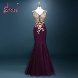 2016 Elegant Mermaid Evening Dress Gold Appliques Long Red Formal Gown Lace Prom Dresses vestido de festa