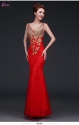 2016 Elegant Mermaid Evening Dress Gold Appliques Long Red Formal Gown Lace Prom Dresses vestido de festa