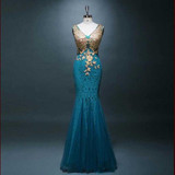 2016 Elegant Mermaid Evening Dress Gold Appliques Long Red Formal Gown Lace Prom Dresses vestido de festa