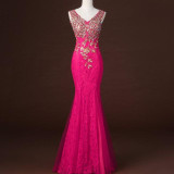 2016 Elegant Mermaid Evening Dress Gold Appliques Long Red Formal Gown Lace Prom Dresses vestido de festa