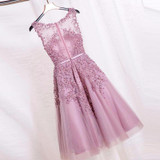 2016 Dust Pink Beaded Lace Appliques Short Prom Dresses Robe De Soiree Knee Length Party Evening Dress