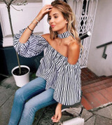 2016 Elegant Blouses Floral Tops Plain Blue Off the Shoulder Elegant Sexy Shirts Women Tops Summer Blouse Blusas with Choker