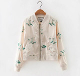 2016 Contrast color Flower Embroidery Jacket New Women V neck Pockets Short Bomber Jacket Coat Pilots Outerwear Tops 2 colors
