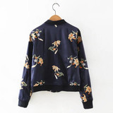2016 Contrast color Flower Embroidery Jacket New Women V neck Pockets Short Bomber Jacket Coat Pilots Outerwear Tops 2 colors