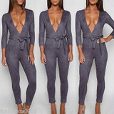 2016 casual fashion Deep v neck suede belt bodycon jumpsuit romper autumn fitness brown party women jumpsuit overalls