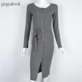 2016 Brand Women Winter Dress Tunic Midi Office Robe Black Long Sleeve Bodycon Button Casual Cardigan Dress Vestidos 942