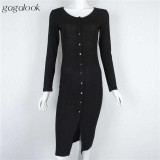 2016 Brand Women Winter Dress Tunic Midi Office Robe Black Long Sleeve Bodycon Button Casual Cardigan Dress Vestidos 942