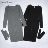 2016 Brand Women Winter Dress Tunic Midi Office Robe Black Long Sleeve Bodycon Button Casual Cardigan Dress Vestidos 942