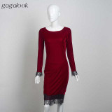 2016 Brand Winter Women Velvet Dress Black Lace Robe Sexy Long Sleeve Split Red Midi Bodycon Office Dress Vestidos D1209