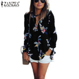 Elegant Floral Printed Chiffon Women Blouse 2018 Casual Fashion Loose V Neck Long Sleeve Black Tops Shirts Plus Size Sexy Blusas