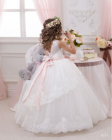 Elegant First Communion Dresses For Girls Ball Gown White Lace Bow Flower Girl Dresses For Weddings Kids Evening Gowns